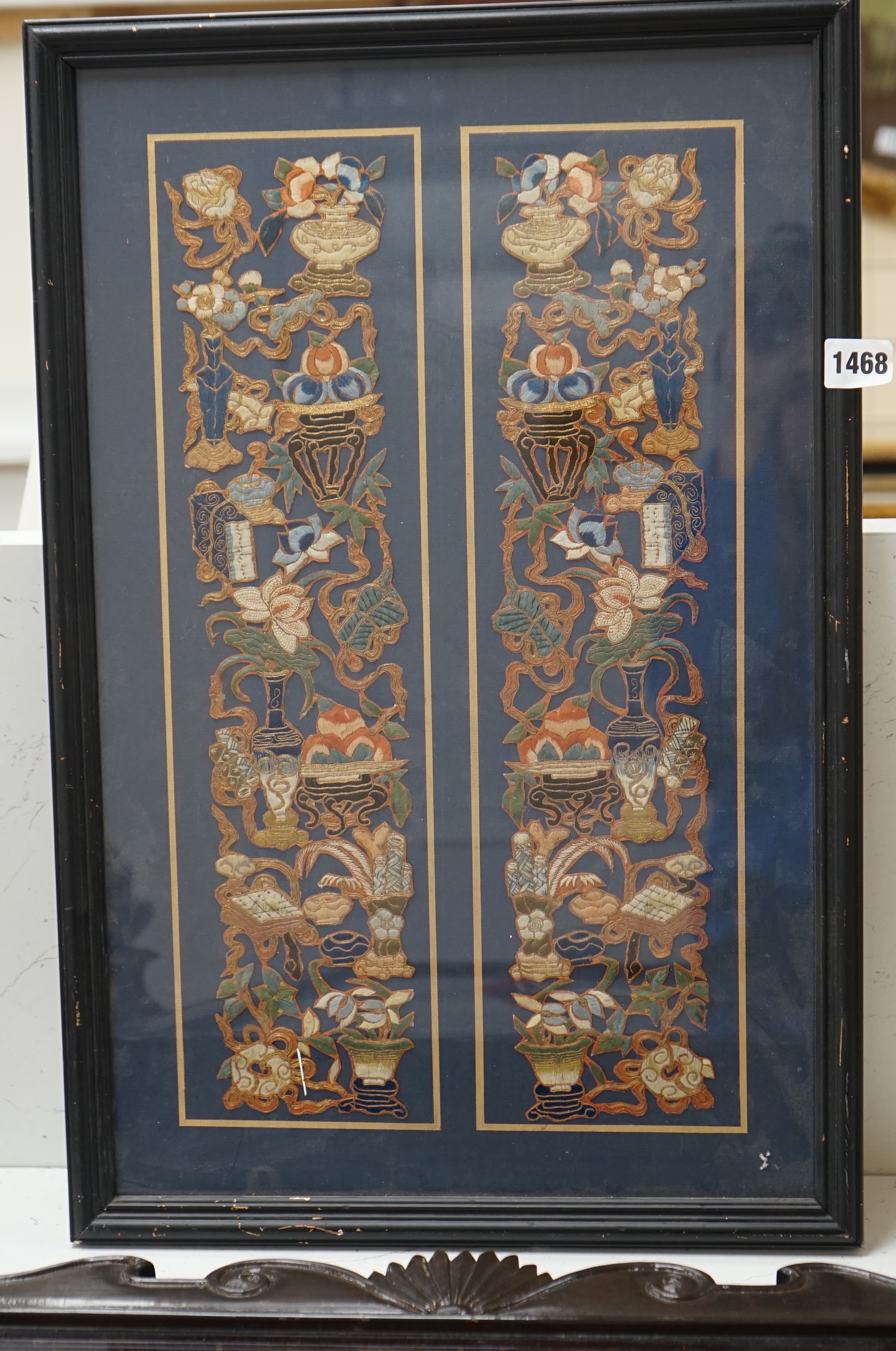 A Chinese framed embroidery with gold thread, framed, 53cm x 33cm